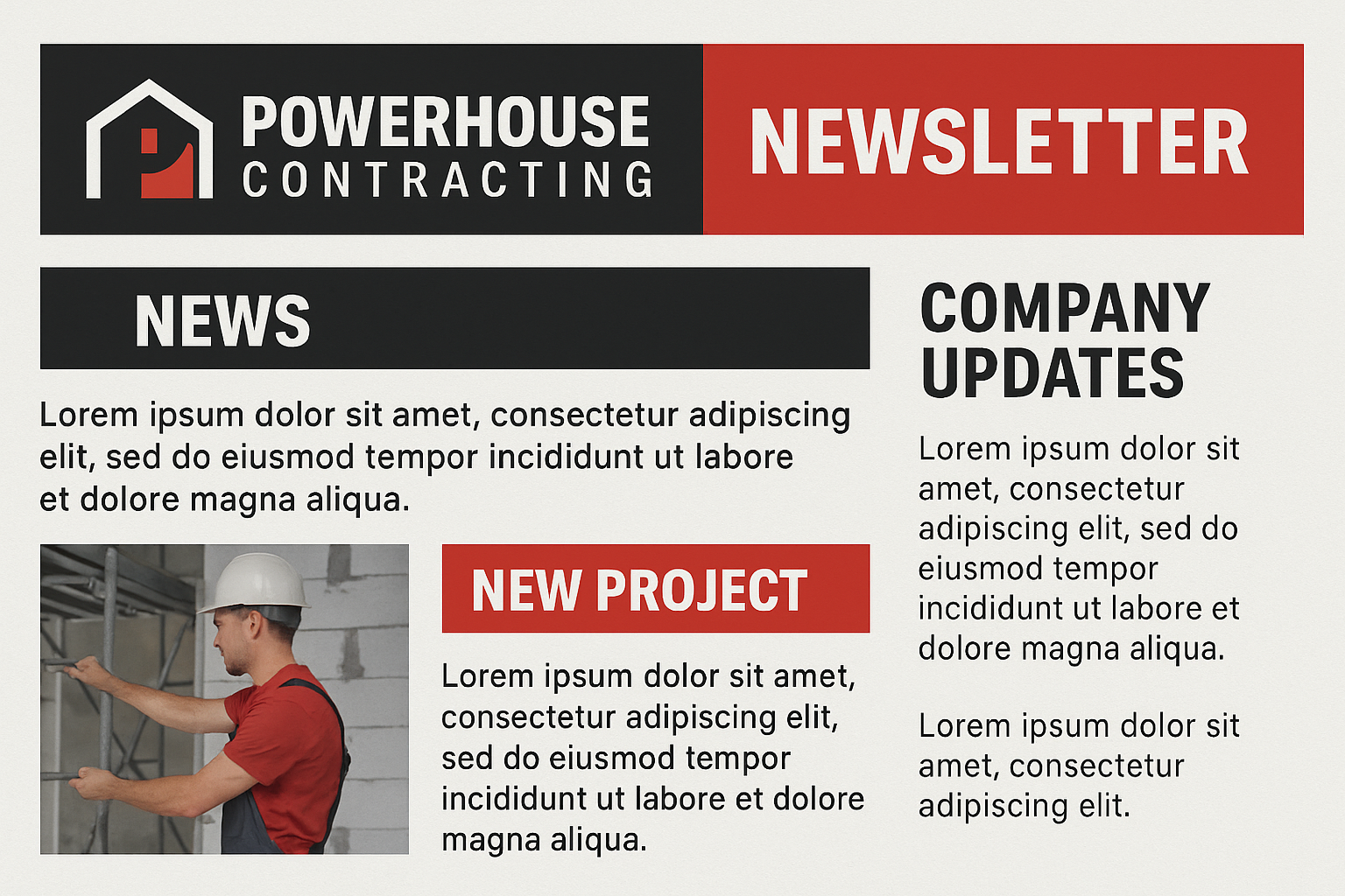 Create an image for a company newsletter for powerhouse contracting that has color of black red and white and looks like a snippit of what the newsletter would look like in landscape desgin-1 Create an image for a company newsletter for powerhouse contracting that has color of black red and white and looks like a snippit of what the newsletter would look like in landscape desgin-1
