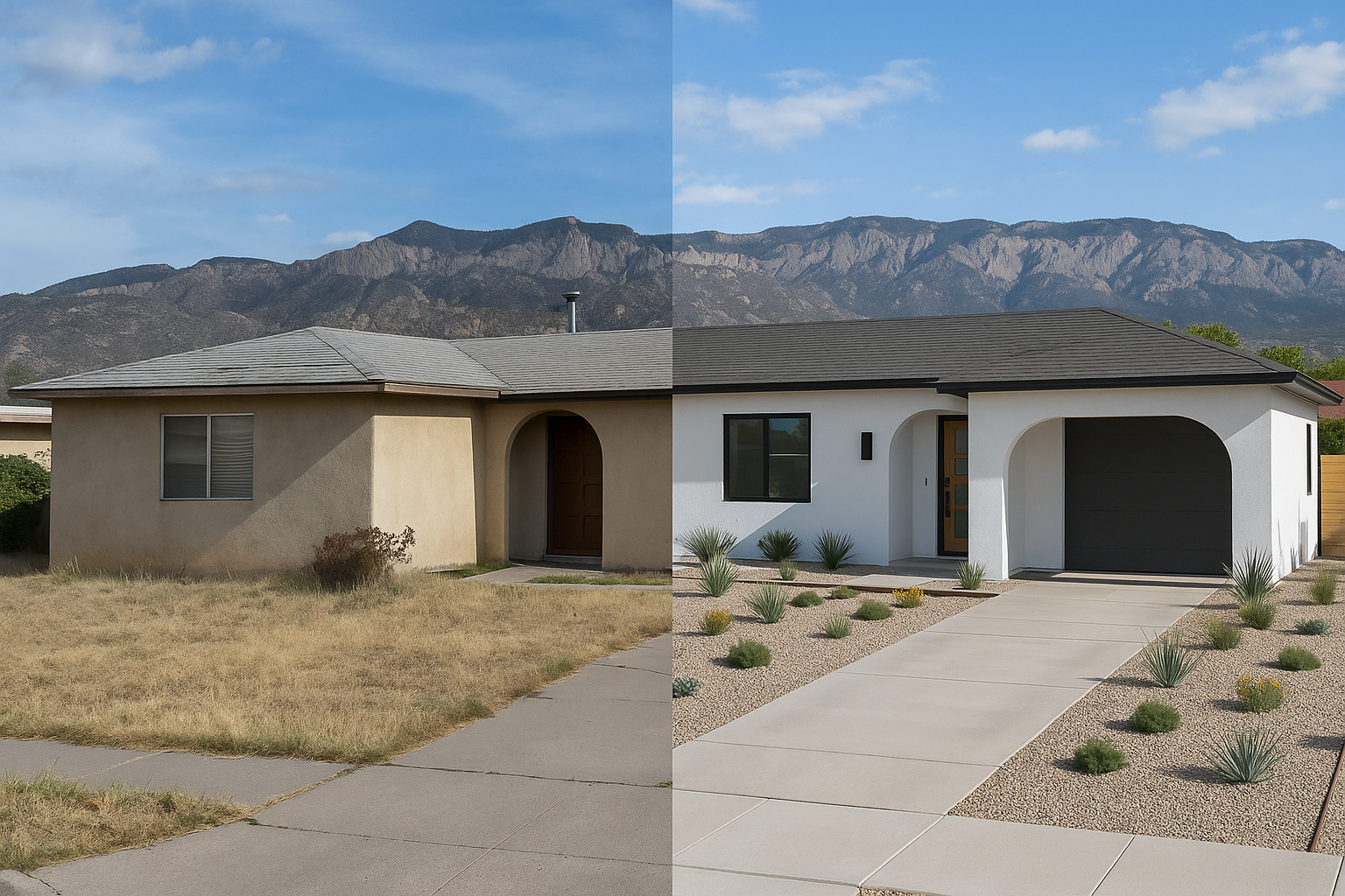 A before-and-after split: one side shows a faded, dated Albuquerque house, the other newly remodeled with modern landscaping, paint, and roofing.